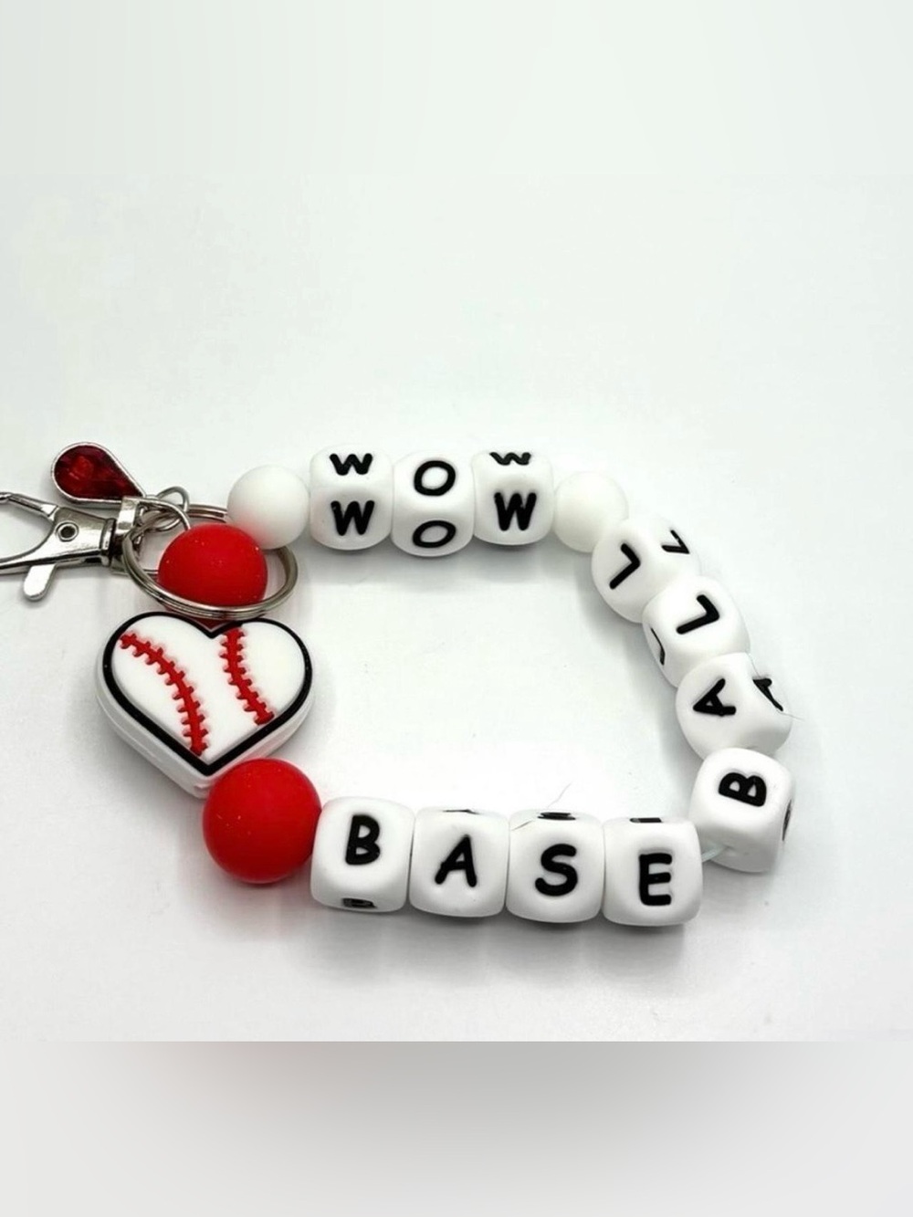 Baseball Mom Beaded Keychain Bracelet- White & Red